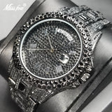MISSFOX New Day Date Watch For Men Luxury Full Diamond Silver Quartz Wristwatch Hip Hop Iced Out Waterproof Watches Dropshipping