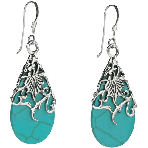 Floral Vine Ornate Teardrop Natural Shell .925 Silver Earrings - Glitzy Glam Jewelry