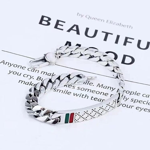 Genuine 925 Silver Diamond Pattern Red Green Striped Men's And Women Bangle Tank Chain Bracelet - Glitzy Glam Jewelry